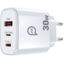 Piili 30W Usb-A + Type-C + Lightning Hızlı Şarj Adaptörü (Tek Adaptörle Daha Fazla Cihaza Uyumlu)