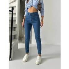 Blue Marlin Yüksek Bel Küçük Kalıp Skinniy Fit Likralı  Cepsiz Cep Görünüm Dikişli Likralı Kadın Kot Pantolon