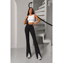 Blue Marlin Kadın Yüksek Bel Likralı Slim Fit Ön Paça Yırtmaçlı Ispanyol Paça Kadın Kot Pantolon