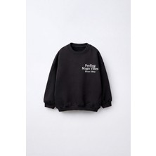 Magu Çocuk Pamuklu Minimal Yazı Baskılı Siyah Sweatshirt