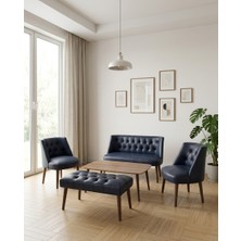 Azra Mobilya Milano 2+1+1+Sehpa+Bench Deri Çay Seti Koltuk Takımı Ofis Bekleme Takımı Ahşap Ayaklı - Lacivert