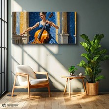 Oppanimor Yatay Panoramik Kanvas Tablo Çello Çalan Kadın Sanat Tablosu Ev Ofis Duvar Dekoru