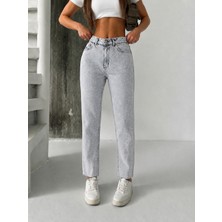 Blue Marlin Yüksek Bel Mom Jeans Paça Kesik Taş Yapıştırma Kadın Kot Pantolon