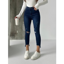 Blue Marlin Yüksek Bel Küçük Kalıp Skinny Fit Likralı Paça Diz Lazer Yırtık Kadın Kot Pantolon