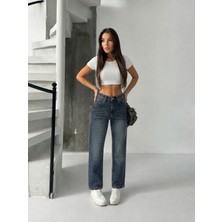 Blue Marlin Yüksek Bel Mom Jeans Ön Taş Detaylı Kadın Kot Pantolon