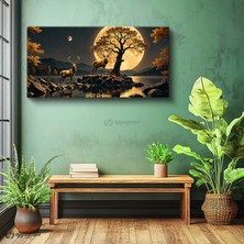 Oppanimor Yatay Panoramik Kanvas Tablo Geyik ve Dolunay Manzara Tablosu Ev Ofis Duvar Dekoru
