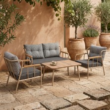 Azra Mobilya Paris 2+1+1+Sehpa Metal Balkon Takımı Keten Dokulu Kumaş – Cappuccino Metal - Bahçe Teras Oturma Grubu
