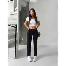 Blue Marlin Yüksek Bel Mom Jeans Ön Taş Detaylı Kadın Kot Pantolon
