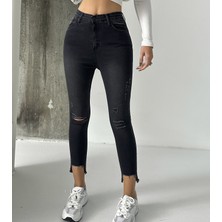 Blue Marlin Yüksek Bel Küçük Kalıp Skinny Fit Likralı Paça Diz Lazer Yırtık Kadın Kot Pantolon