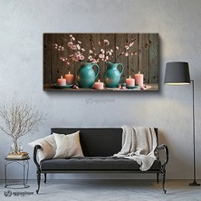 Oppanimor Yatay Panoramik Kanvas Tablo Çiçekli Vazo ve Mumlar Natürmort Tablo Ev Ofis Duvar Dekoru