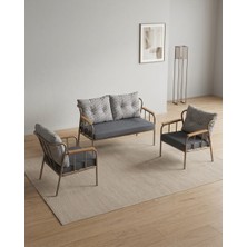 Azra Mobilya Paris 2+1+1 Metal Balkon Takımı Keten Dokulu Kumaş – Cappuccino Metal - Bahçe Teras Oturma Grubu