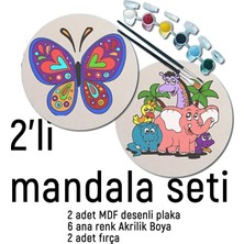 Dudu Ahşap 2li Mandala Boyama Seti- 2 Desenli Plaka-6 Renk Akrilik Boya-2 Adet Fırça