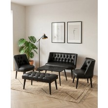 Azra Mobilya Milano 2+1+1+Sehpa+Bench Deri Çay Seti Koltuk Takımı Ofis Bekleme Takımı Ahşap Ayaklı - Siyah