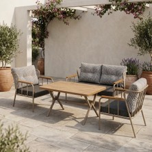Azra Mobilya Paris 2+1+1+ 70X120 Ceviz Desenli Masa Metal Balkon Takımı Keten Dokulu Kumaş – Cappuccino Metal - Bahçe Teras Oturma Grubu