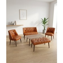 Azra Mobilya Milano 2+1+1+Sehpa+Bench Deri Çay Seti Koltuk Takımı Ofis Bekleme Takımı Ahşap Ayaklı - Taba