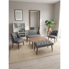 Azra Mobilya Milano 2+1+1+Sehpa+Bench Deri Çay Seti Koltuk Takımı Ofis Bekleme Takımı Ahşap Ayaklı - Gri