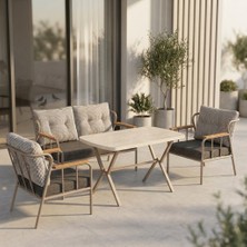 Azra Mobilya Paris 2+1+1+ 70X120 Traverten Masa Metal Balkon Takımı Keten Dokulu Kumaş – Cappuccino Metal - Bahçe Teras Oturma Grubu