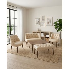 Azra Mobilya Milano 2+1+1+Sehpa+Bench Deri Çay Seti Koltuk Takımı Ofis Bekleme Takımı Ahşap Ayaklı - Krem