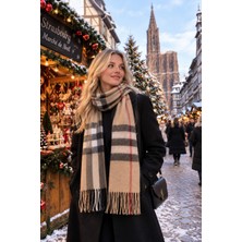 Aquasis Cambridge Camel Ekose Oversize Şal Atkı Omuz Şalı | Yumuşak Dokulu , Püsküllü (EN:190CM BOY:50CM)