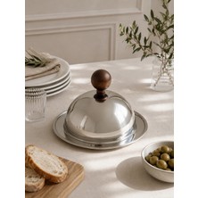 Beige & Stone Ahşap Kulplu Paslanmaz Çelik Fanuslu Sunum Tabağı 15 cm – 13 cm Kapaklı Kahvaltılık Peynir Tereyağı Ikram Tabağı