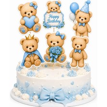 Mavi Ayıcık Pasta Kürdanı 6’lı Set Happy Birthday Erkek Çocuk Doğum Günü Pasta Süsü