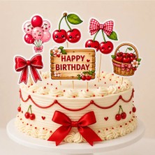 6’lı Kiraz Temalı Pasta Kürdanı Happy Birthday Doğum Günü Pasta Süsü Cherry Konsept