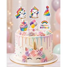 Unicorn Temalı Pasta Kürdanı 6’lı Set – Gökkuşağı Unicorn Doğum Günü Pasta Süsü Cake Topper