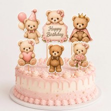 6'lı Ayıcık Temalı Pasta Kürdanı Happy Birthday Pembe Doğum Günü Pasta Süsü