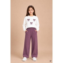 Cansın Mini Gül Kurusu Kız Çocuk Fiyonk Desenli Sweatshirt Geniş Paça Eşofman Takımı 24827