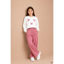 Cansın Mini Pembe Kız Çocuk Fiyonk Desenli Sweatshirt Geniş Paça Eşofman Takımı 24824