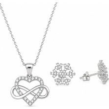 Brezza Lusso Jewelry 925 Ayar Gümüş Kalp Sonsuzluk Kolye ve Kar Tanesi Küpe Seti