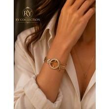 Ry Collections Ortasına Yarım Altın Takılabilen Taşlı Çerçeve Detayı Yaprak Motifli Küçük Nazar Boncuğu Sallantılı Gold Renk Çelik Kelepçe