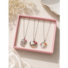 Deryora Hello Kitty 3’lü Kolye Seti Şık Pembe Takı Kutulu Sevimli Kedi Figürlü Kolye Seti Kadın ve Kız Çocuklar Için Zarif Takı Hediyesi