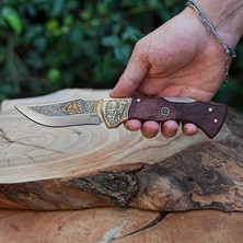 Köse Mehmet Katlanır Model  - N690 Çelik 24K Altın Viking Gravür Işlemeli Stabilize Sap