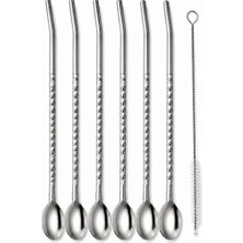 Paslanmaz Çelik Pipet Seti 6'li + Temizleme Fırçası – Kaşıklı Metal Pipet, Yeniden Kullanı