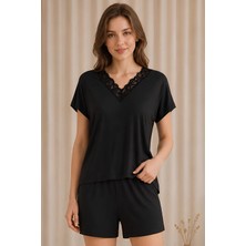 Jusmart Kadın Siyah Kısa Kollu V Yakalı Lez Dantelli Viskon Şort Takımı Cepli 2'li Alt Üst Pijama Takımı %94 Viskon %6 Elastan Örme Kumaş Ring Kalite Rahat Şık Konforlu Ev Giyim Homewear