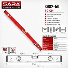 Sara S982-50 50 cm Mıknatıssız Su Terazisi – 3 Kapsüllü, 1,2 mm Alüminyum Profil