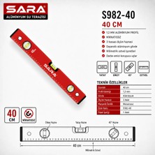 Sara S982-40 40 cm Mıknatıssız Su Terazisi – 3 Kapsüllü, 1,2 mm Alüminyum Profil