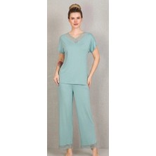 Biçomi Nefes Alan Terletmeyen Viskon Dantel Detaylı Rahat Kesim Mint Yeşil Pijama Takımı