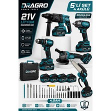 Dragro 21V Darbeli Kömürsüz Kırıcı Delici Hilti & Taşlama & Matkap & Somun Sıkma Sökme Dal Budama 5 Li Set 4 Akülü