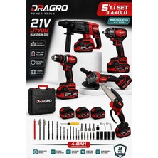 Dragro 21V Darbeli Kömürsüz Kırıcı Delici Hilti & Taşlama & Matkap & Somun Sıkma Sökme Dal Budama 5 Li Set 3 Akülü