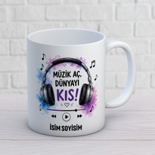 Ajans 313 AJANS313 Kişiye Özel Müzik Aç Dünyayı Kıs Kupa Bardak - Suluboya Kulaklık Tasarımlı Hediye