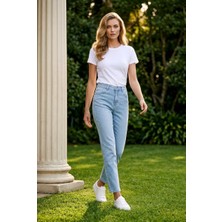 Hies Buz Mavisi Mom Kadın Pantolon, Yüksek Bel Likralı Sağlam Dikişli Denim Bayan Jeans