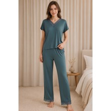Jusmart Kadın Yeşil Kısa Kollu V Yakalı Lez Dantelli Viskon Pijama Takımı Nakışlı Uzun Alt Üst 2'li Ev Giyim Uyku Takımı %94 Viskon %6 Elastan Örme Kumaş Ring Kalite Rahat Şık Homewear