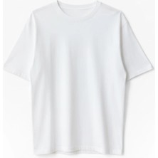 %65 Pamuk Kadın Oversize Beyaz Fit Bisiklet Yaka T-Shirt