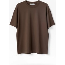 %65 Pamuk Kadın Oversize Kahverengi Fit Bisiklet Yaka T-Shirt