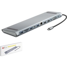 Hadron HDX7855 Type-C 3.0 Combo Hub Pd HDMI 4K VGA Lan Aux Kart Okuyucu 12 Port 5 Gbps Gri