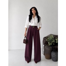 Butik Kadın Mürdüm Yüksek Bel Kemerli Bol Paça Kumaş Pantolon - Pileli Wide Leg Ofis Pantolonu