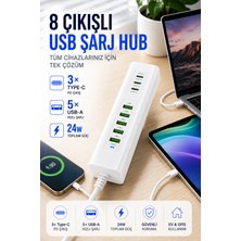 Matechno Hızlı Şarjlı 8 Port USB Hub Çoklayıcı 3x Type-C 5x USB Çıkışlı 24W 220V 1 Metre Kablolu Masaüstü Şarj Istasyonu