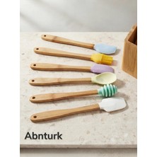 Abnturk 6 Parça Bambu Ahşap Saplı Silikon Mutfak Gereçleri Seti Spatula ve Servis Seti